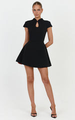 Bonnita Mini Dress - Fit And Flare Cap Sleeve Dress With Keyhole Cutout Detail in Black