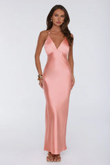 Pearl Indulgence Satin Maxi Dress Peach
