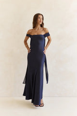 Late Night Dreams Off Shoulder Satin Maxi Dress Navy