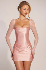 Long-Sleeve Draped Mini Dress in Blush Pink