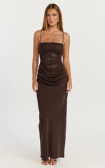 Rania Maxi Dress Contrast Lace Bodice Bias Cowl Drop Waist Dress in Chocolate