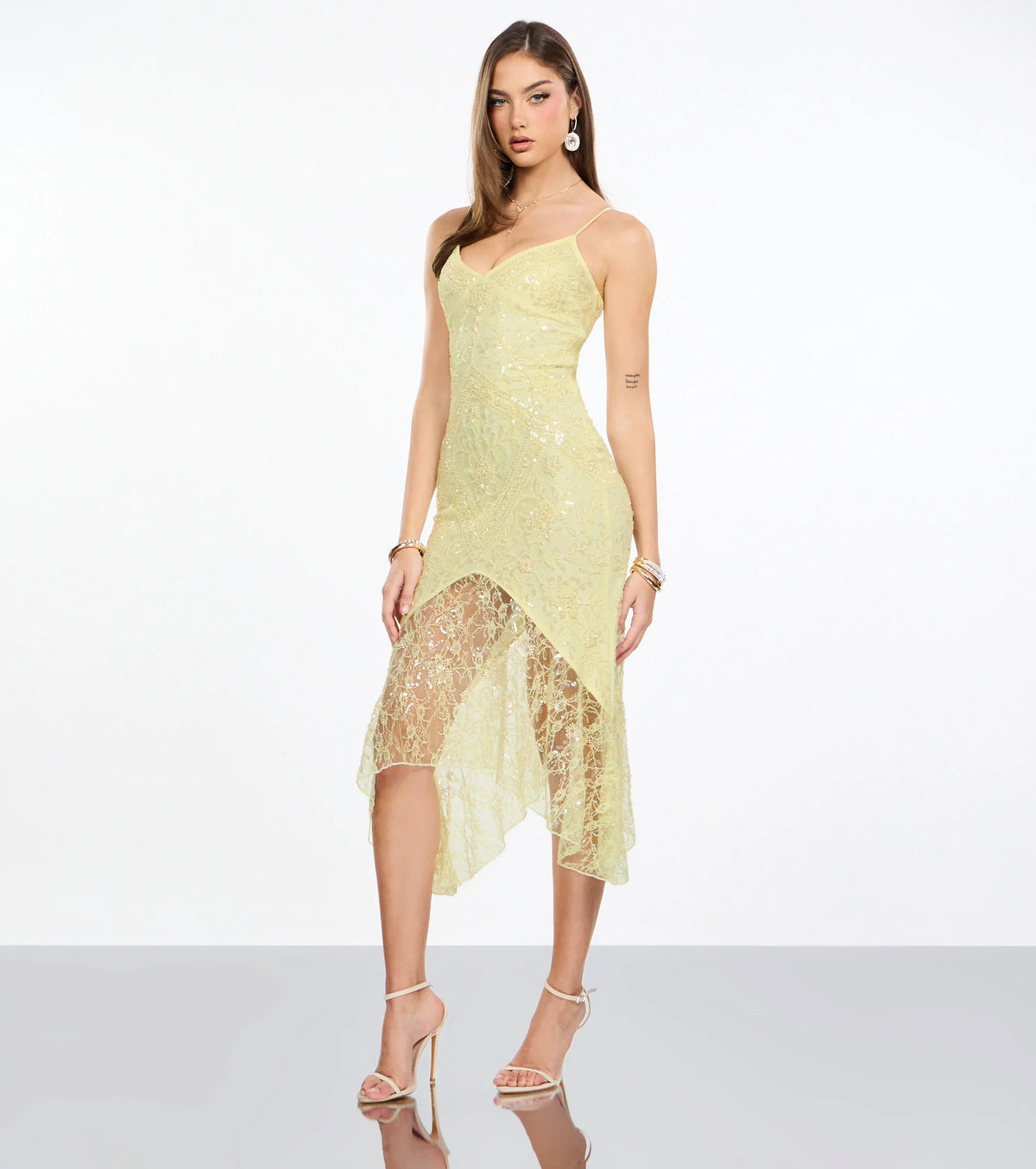 Roxie Beaded Lace Asymmetrical Midi Dress