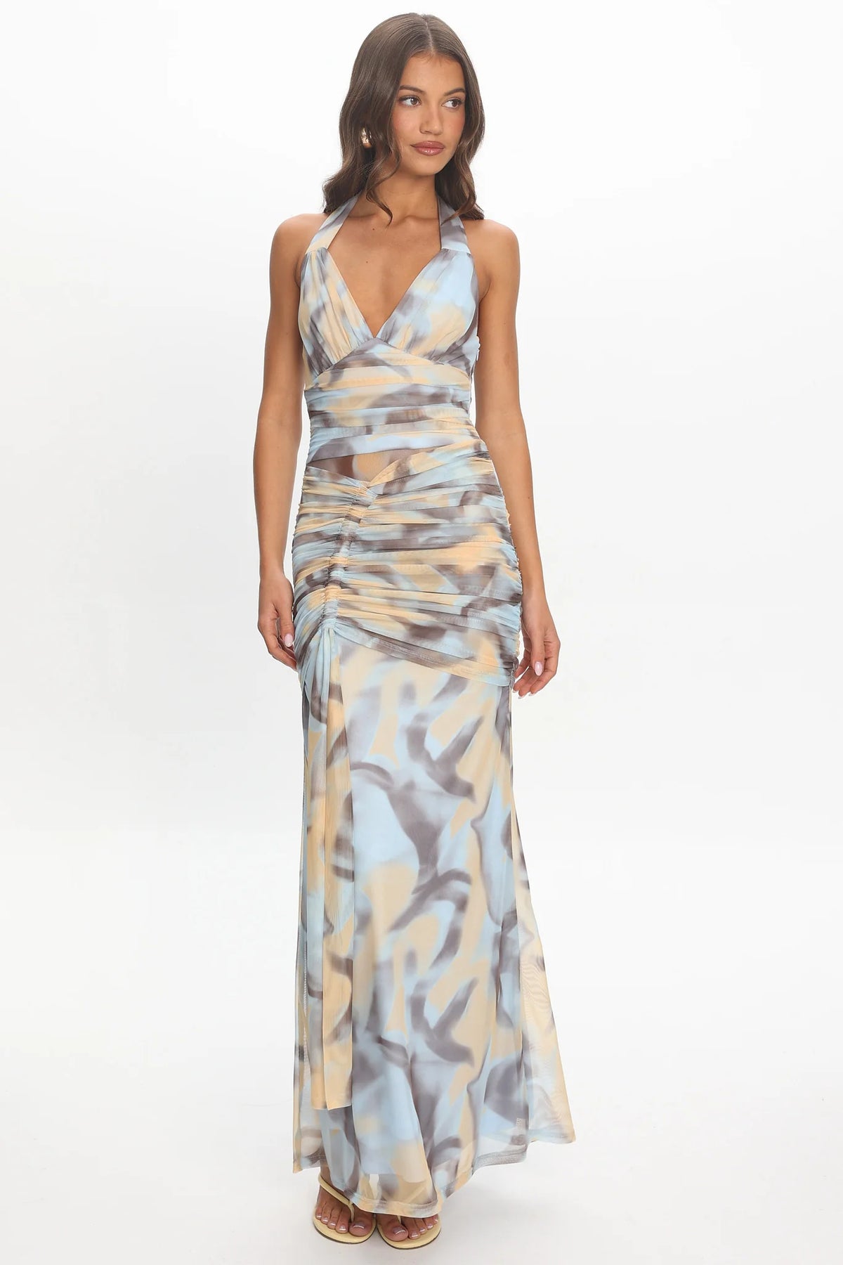 Luli Ruched Halterneck Maxi Dress Abstract Light Blue