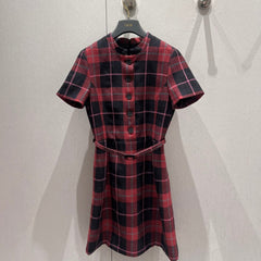 CD 25 Plaid Short-sleeved Dress Black Red Sheep Wool