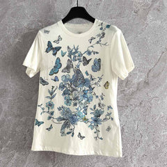 CD Butterfly T-shirt White mix Blue Cotton Linen