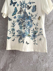 CD Butterfly T-shirt White mix Blue Cotton Linen