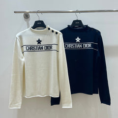 Dior 2025 Knit Sweater With Shoulder Button White and Navy Blue Wool