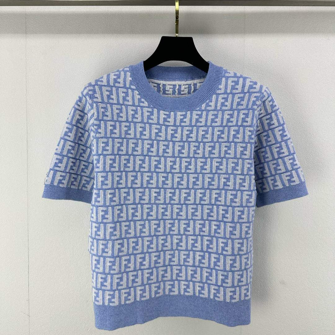 Fendi 25 Knitted Round Neck Short Sleeves Blue Wool F155