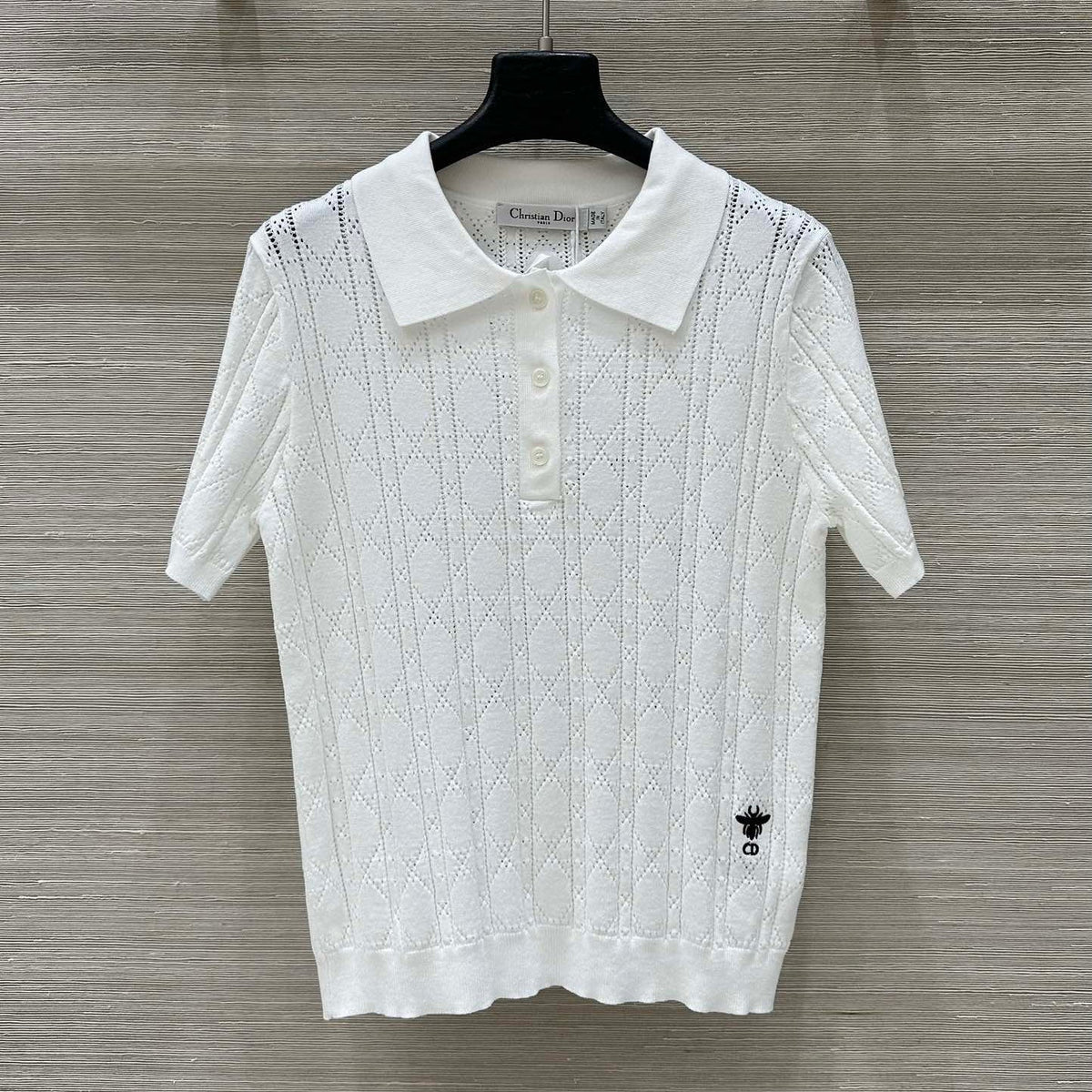 CD 25 Hollow Polo Knitted Short-sleeved Top White Silk Wool