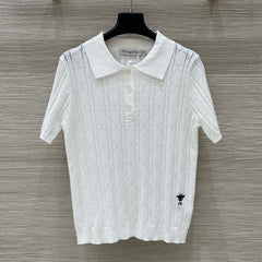 CD 25 Hollow Polo Knitted Short-sleeved Top White Silk Wool