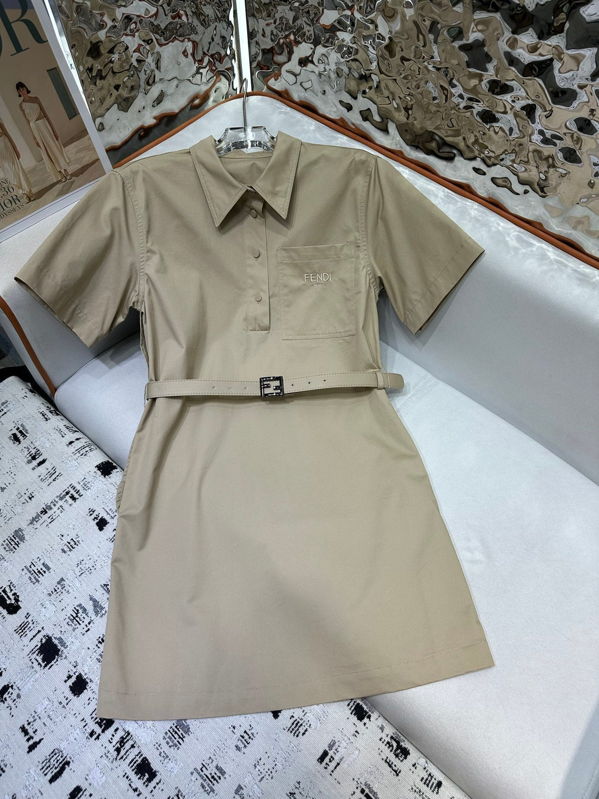 Fendi 25 Short-sleeved Dress Beige Cotton